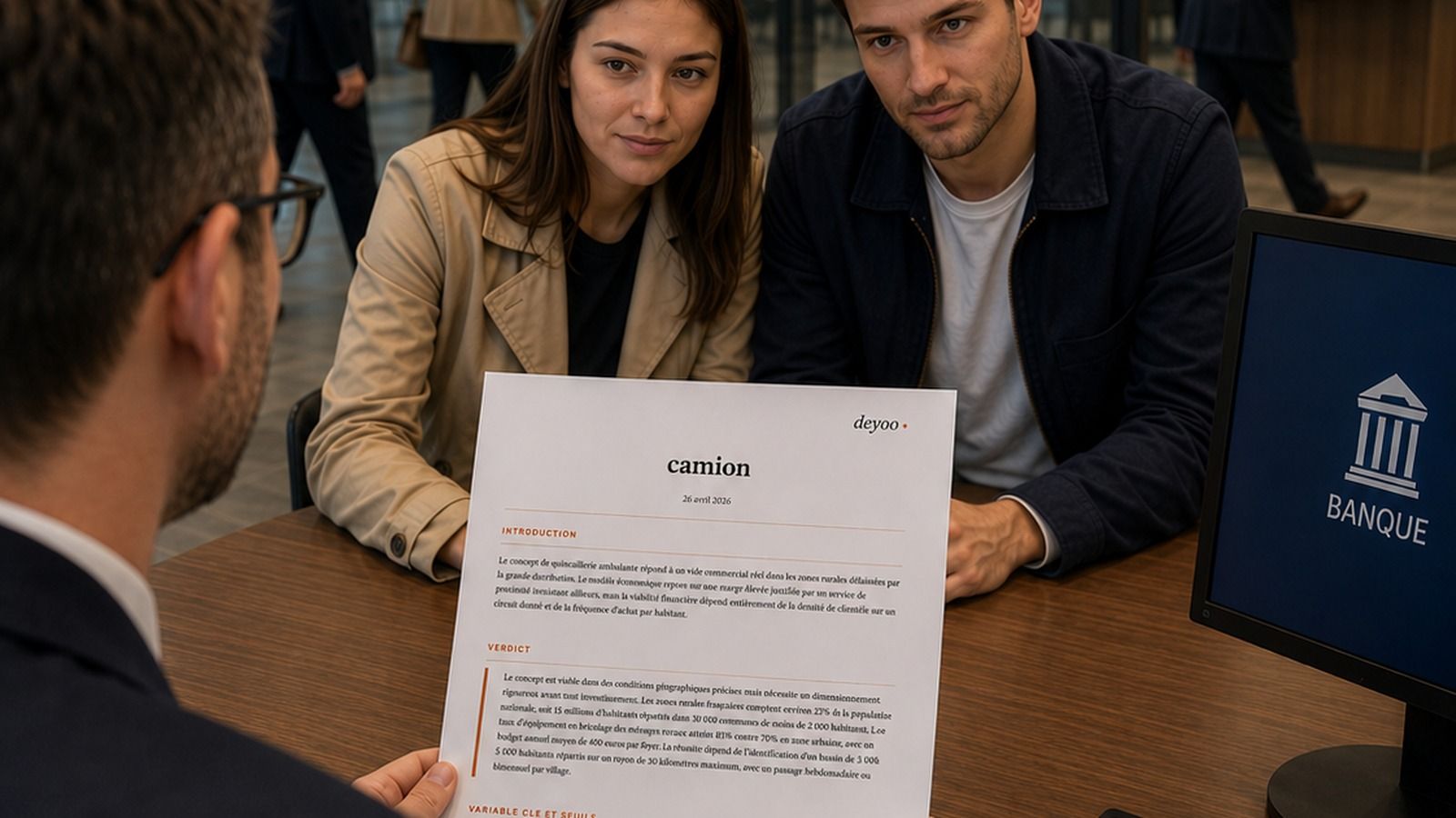 Un couple face à son conseiller bancaire, qui tient une étude de projet imprimée