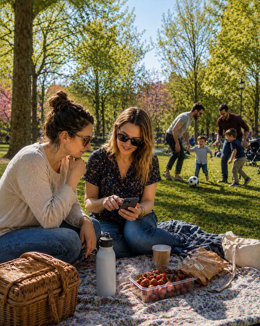 Deux femmes assises sur une couverture dans un parc, qui consultent un téléphone