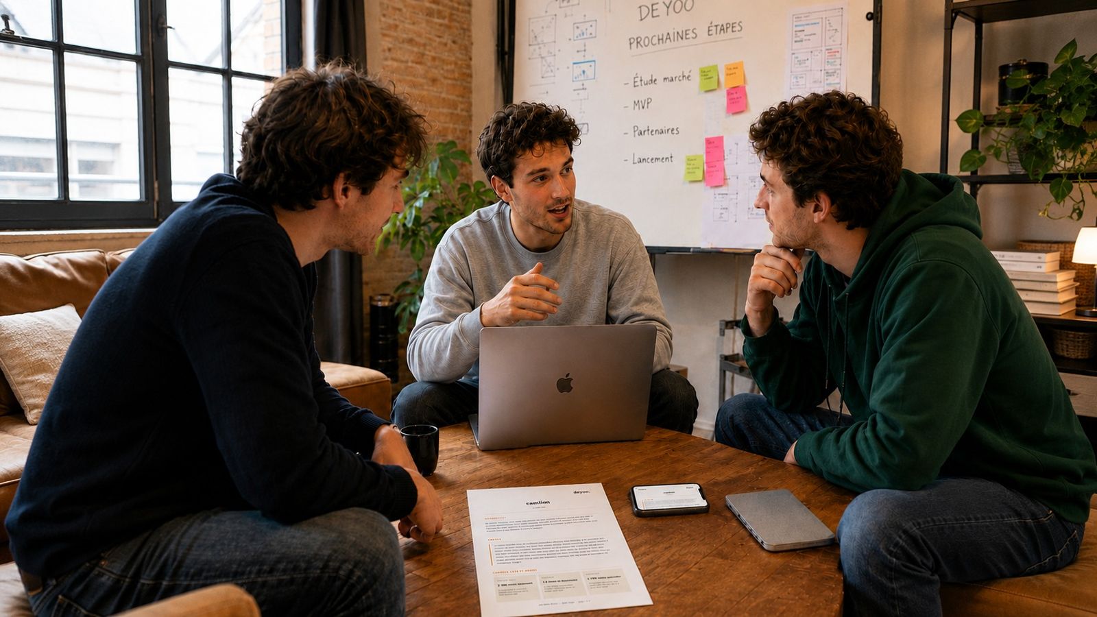Trois entrepreneurs autour d’une table, une étude imprimée et un ordinateur devant eux