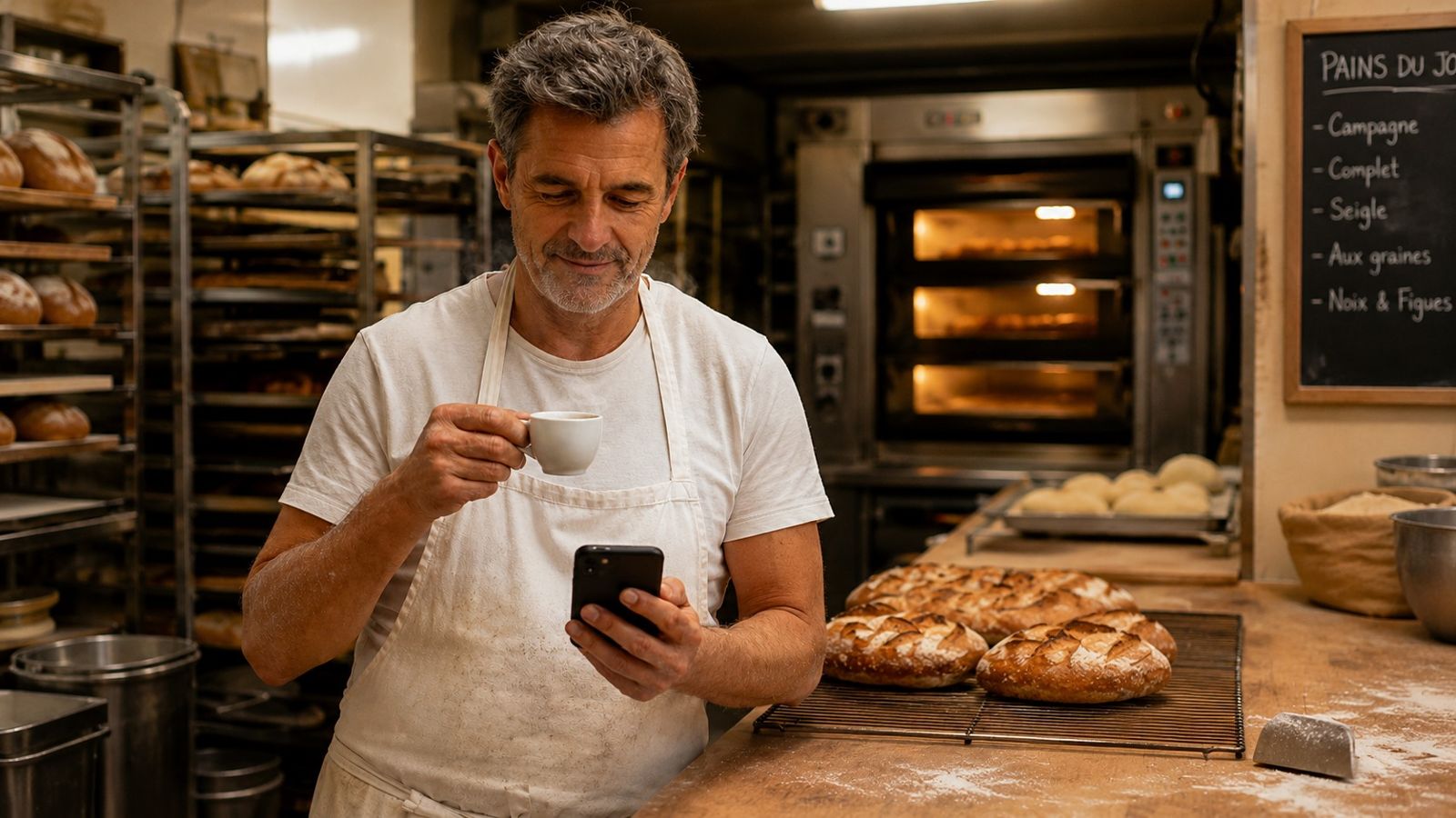 Un boulanger devant son fournil, une tasse de café et son téléphone à la main