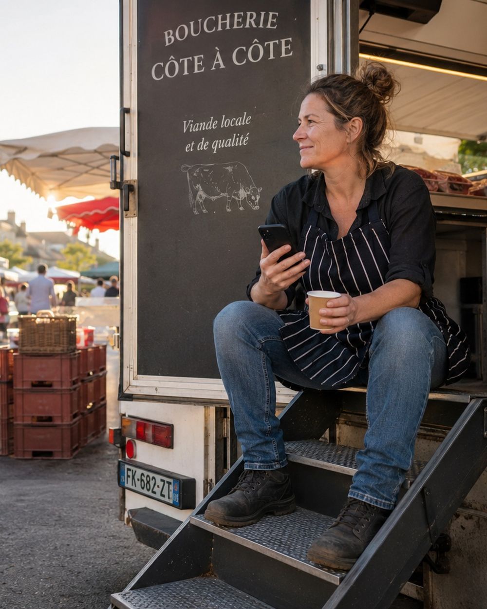 Une bouchère assise sur les marches de son camion de marché, à côté d'une ardoise « Côte de bœuf maturée 30 jours »