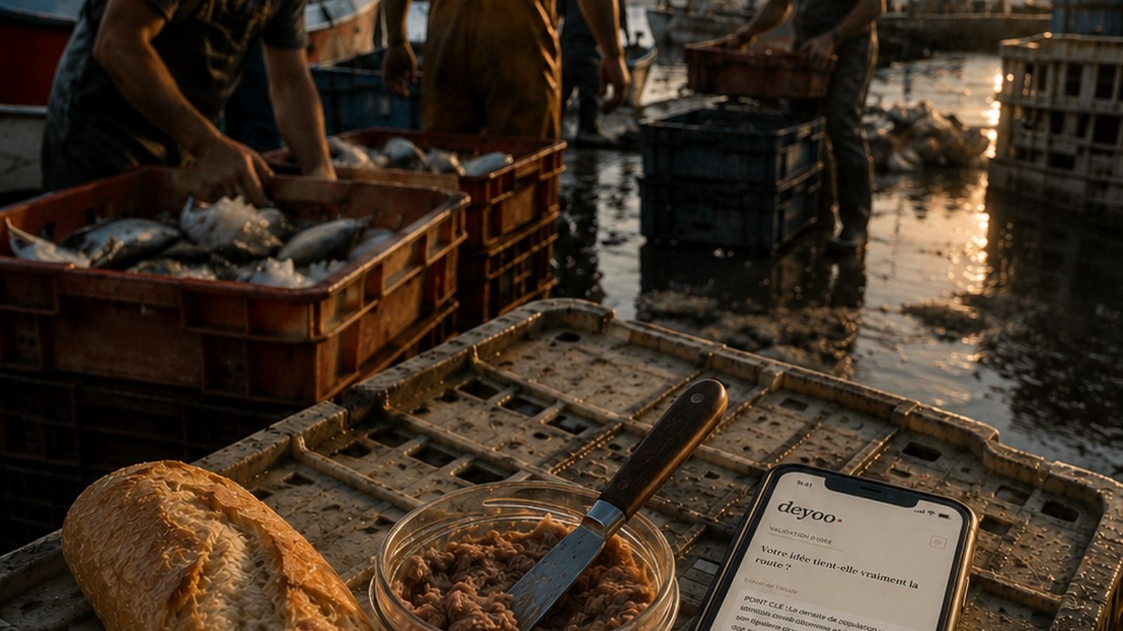 Des pêcheurs sur un port méditerranéen, un téléphone posé sur une cagette