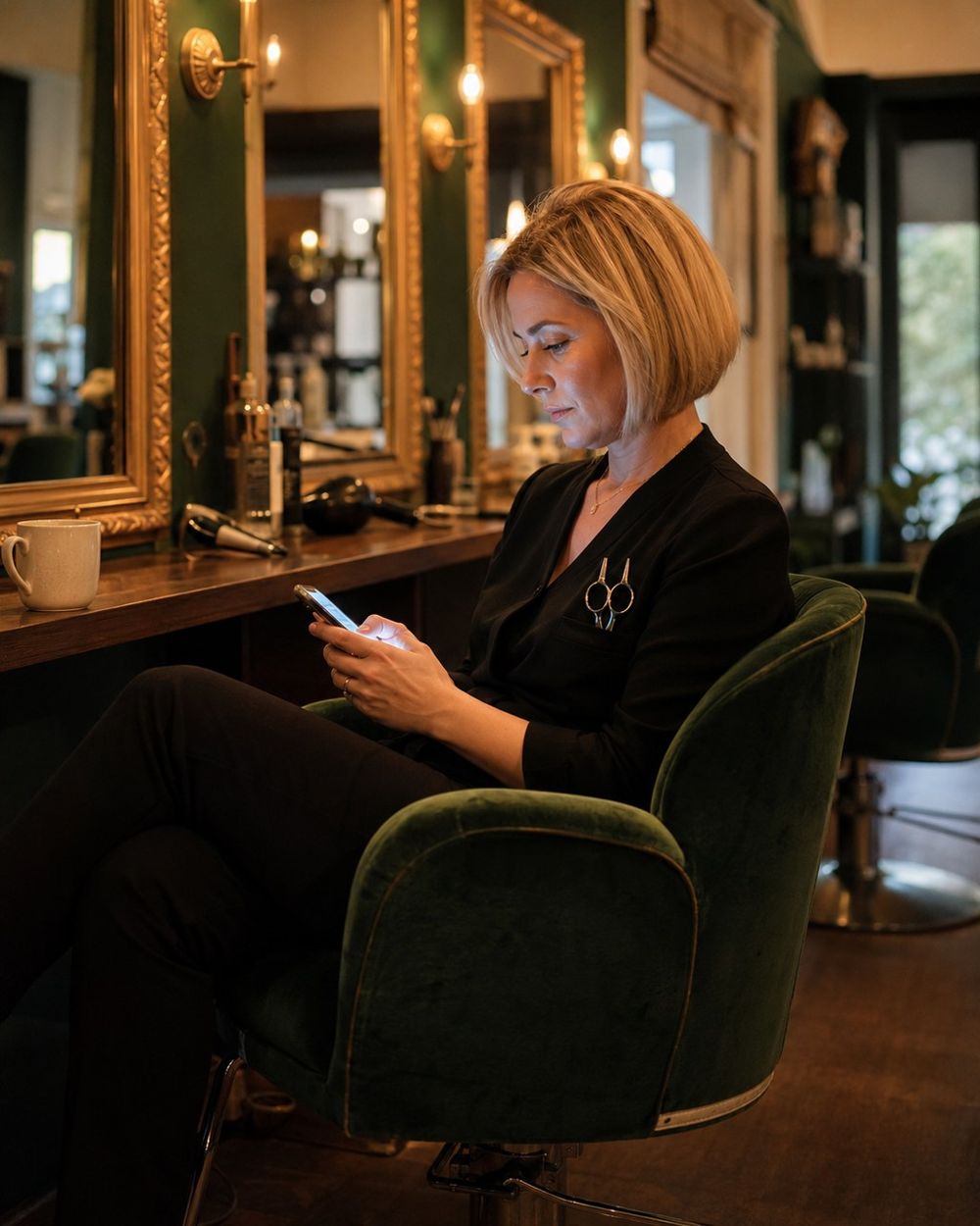 Une coiffeuse assise dans son salon, téléphone en main