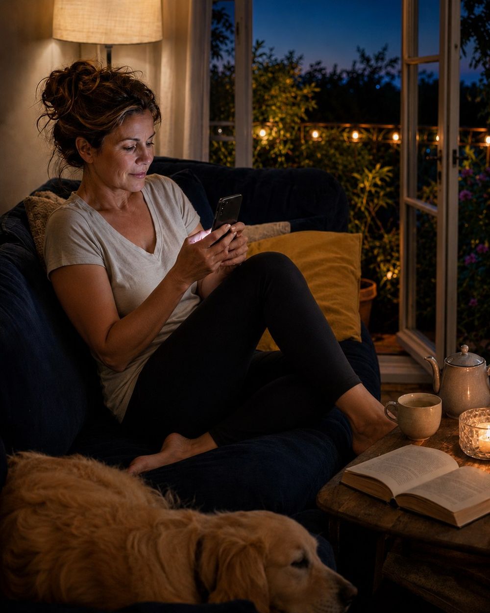Une femme sur son canapé le soir, téléphone en main, son chien à ses pieds