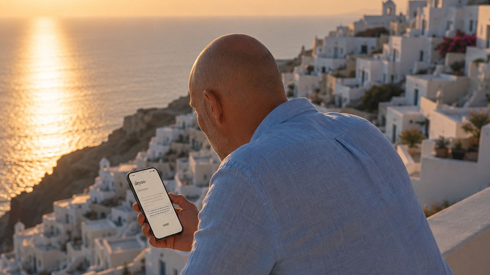 Un homme face à la mer au coucher du soleil, qui lit une étude sur son téléphone
