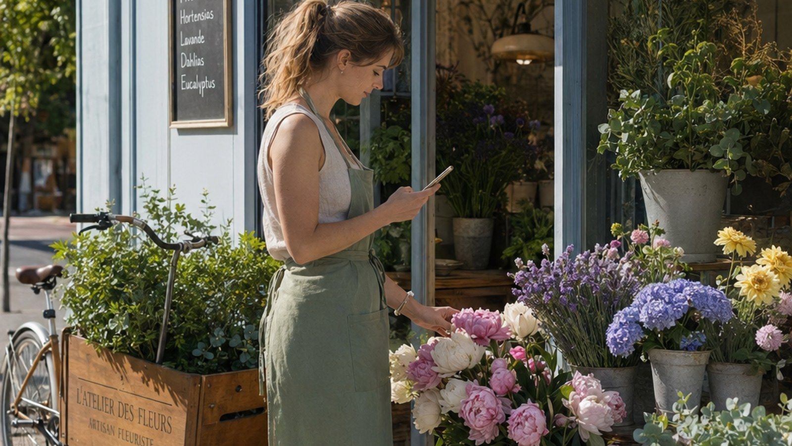 Une fleuriste devant sa boutique, téléphone à la main, au milieu de ses bouquets