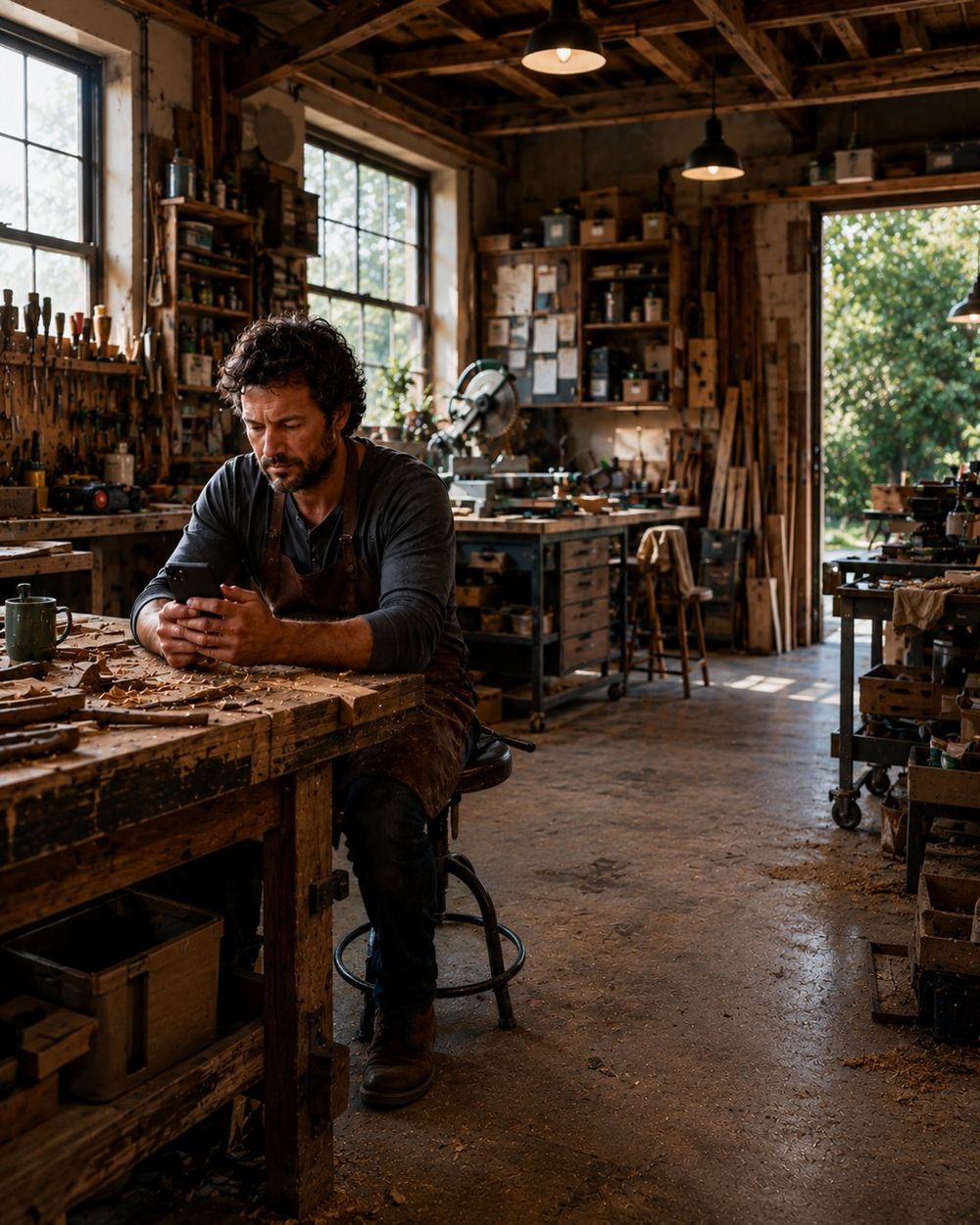 Un menuisier assis à son établi, téléphone à la main, dans son atelier